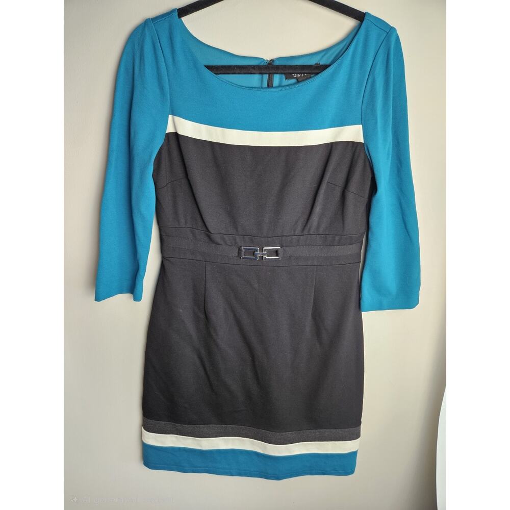 White House Black Market‎ Women's Sz 6 Black Teal 3/4 Sleeve Dress Silver Detail